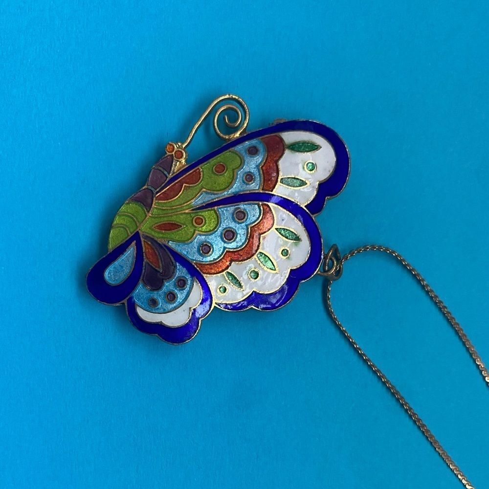 70s butterfly pendant gold tone necklace cloisonne enamel blue green vintage EUC - Picture 14 of 14